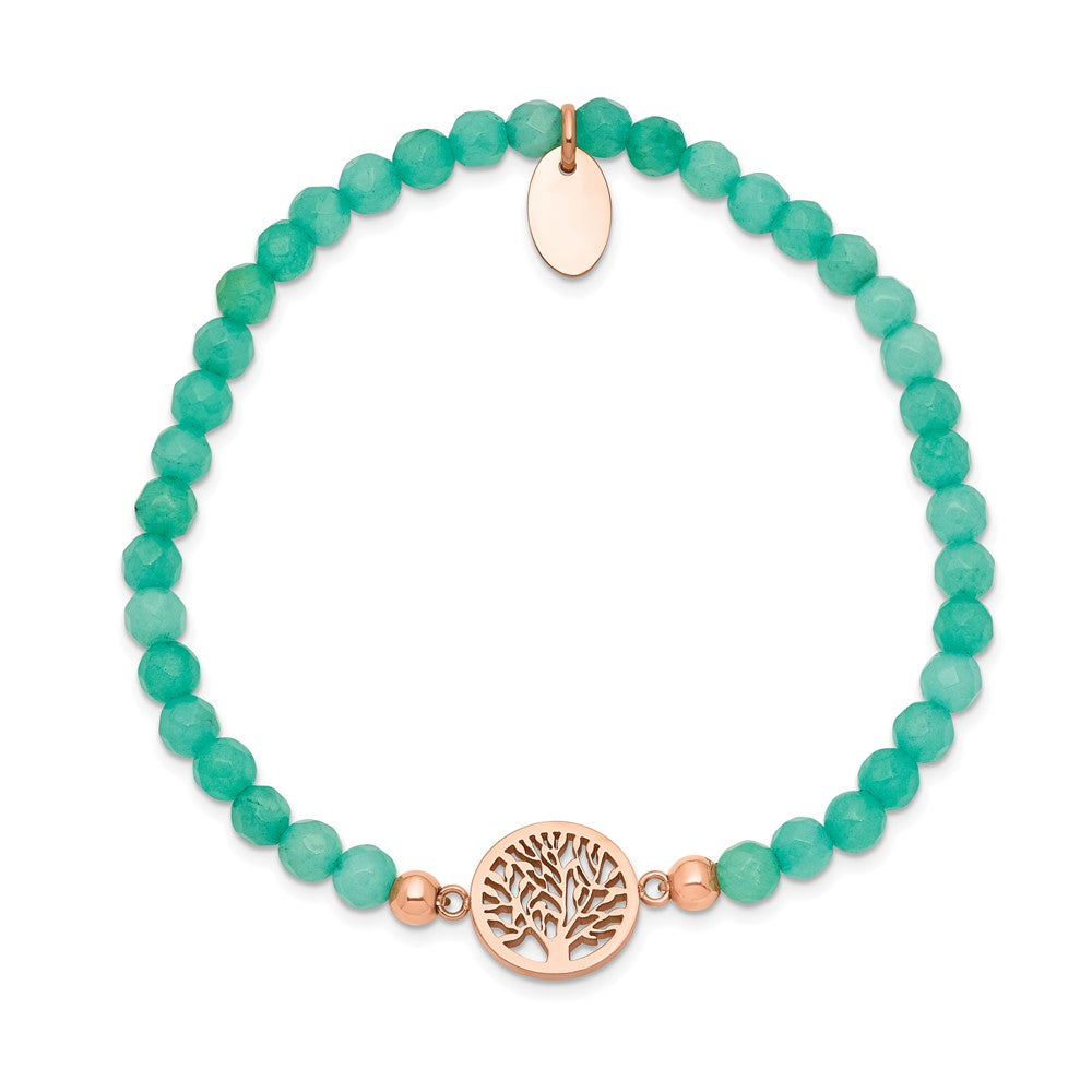 Stainless Steel Polished Rose IP Tree of Life Mint Jade Stretch Bracelet 6.5 inches