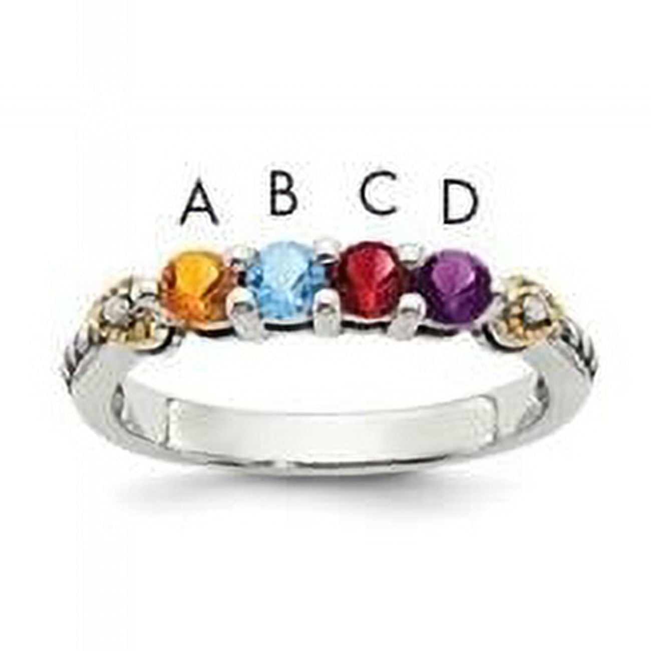 Sterling Silver Antiqued w/14k 4-stone w/Diamond Mother's Semi-Mount Ring