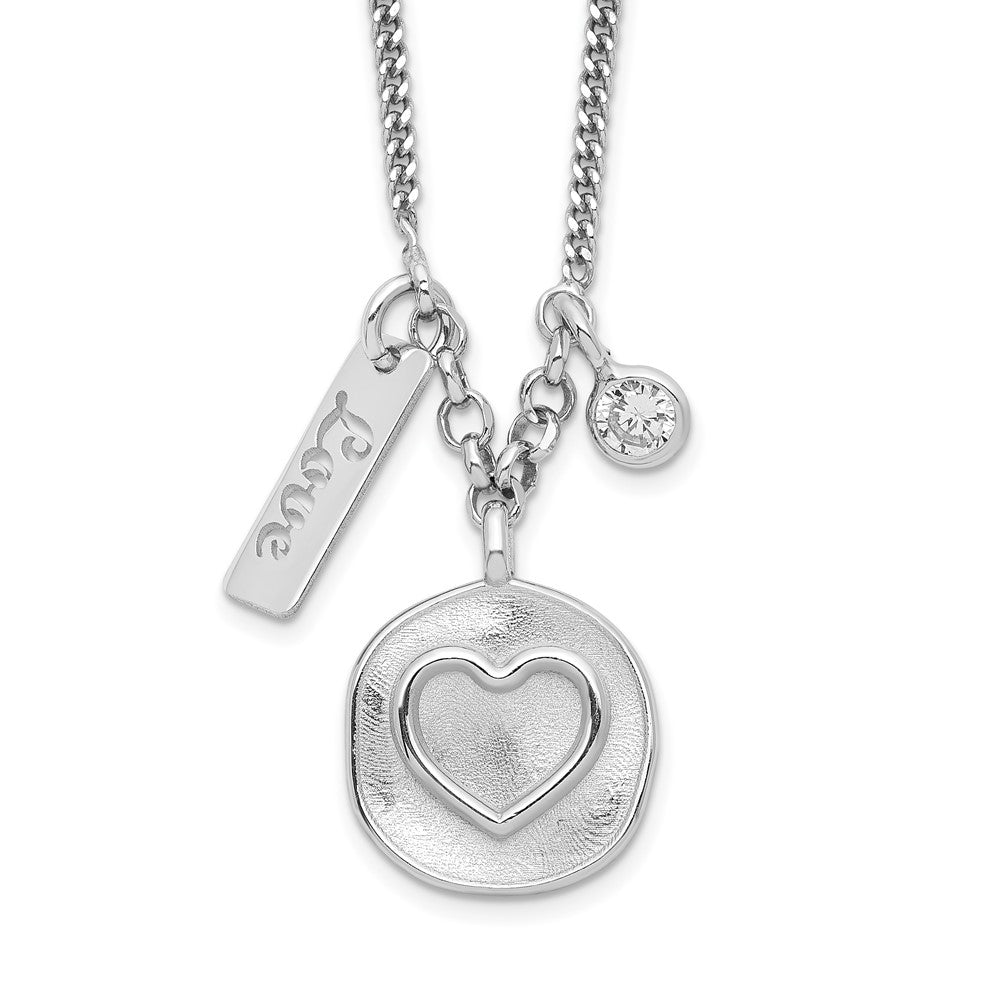 Sterling Silver Rhodium-plated Satin Heart/Love/CZ w/1.5in Ext Necklace 16 Inches