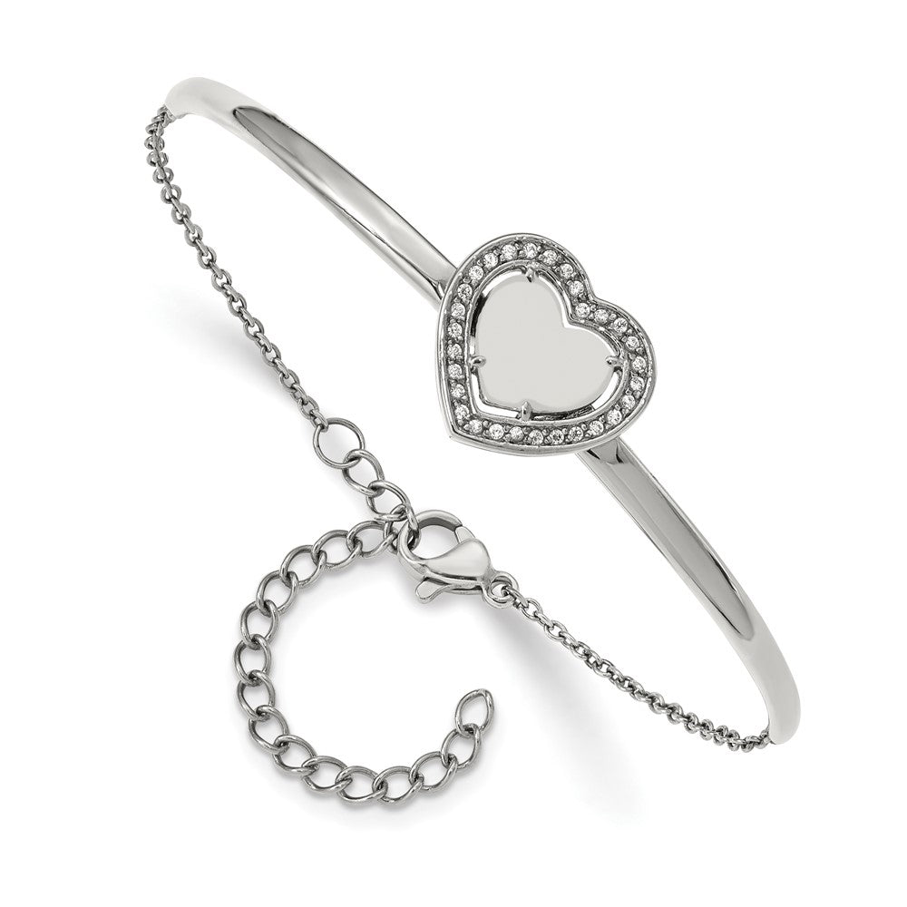 Stainless Steel Polished with CZ Heart 6.5in w/2in ext. Bar Bracelet 6.5 inches