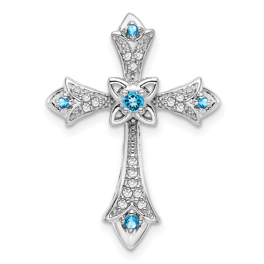 14k White Gold Blue Topaz and Diamond Fleur de Lis Cross Chain Slide