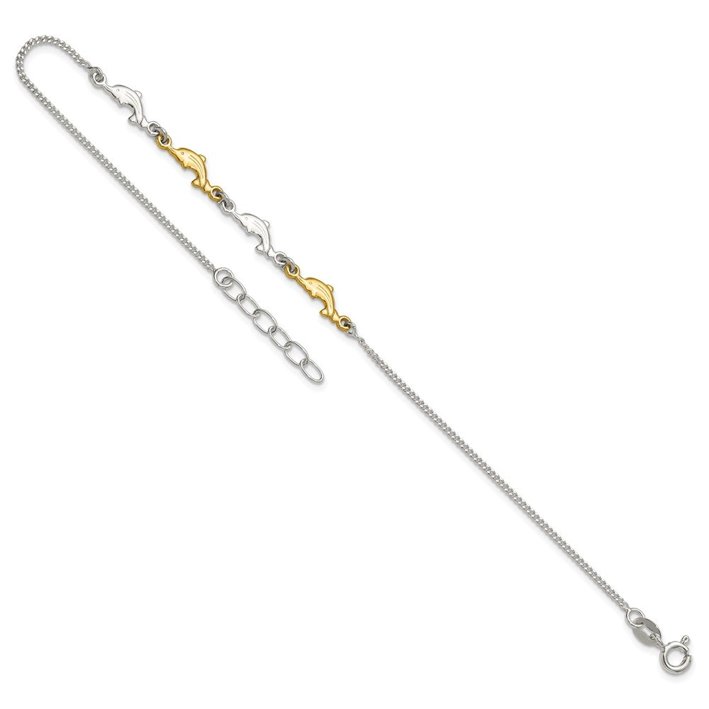 Sterling Silver with Gold-tone Polished Dolphins 9 inch with 1 inch Extension Anklet