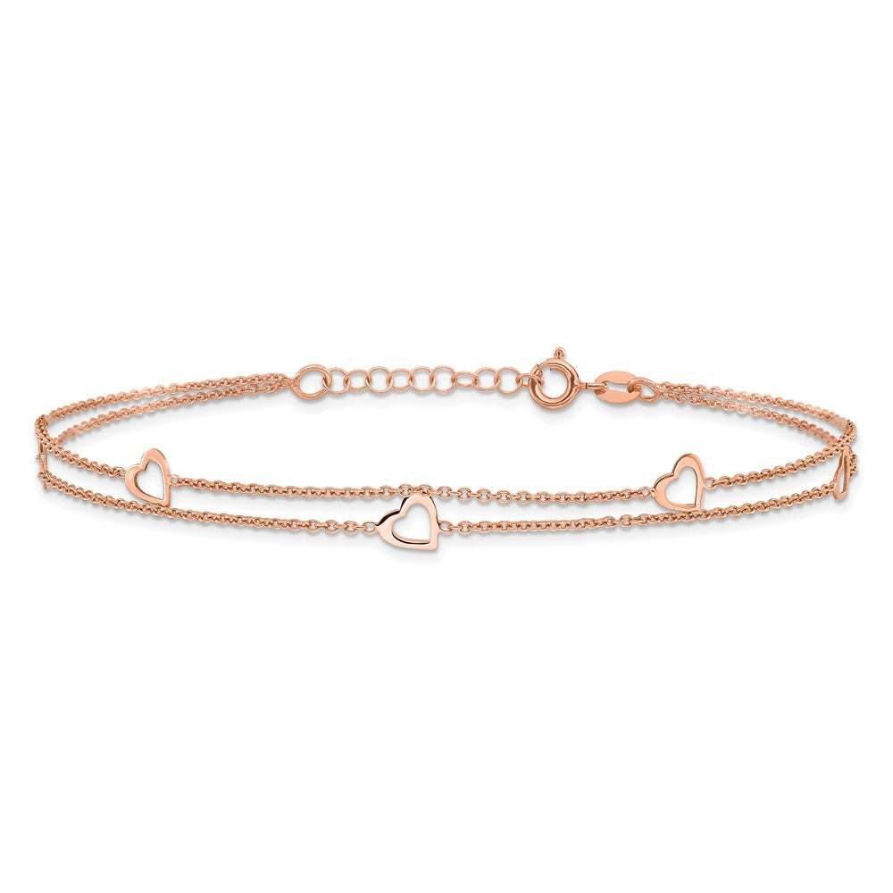 Sterling Silver Rose-tone Polished Heart 10in Plus 1in Anklet