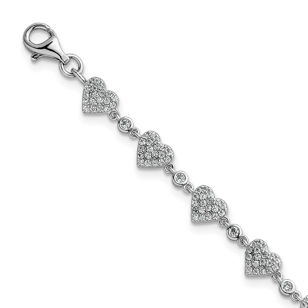 Sterling Silver Rhodium-plated Polished Pave CZ Hearts 7 Inch with 1 Inch Extension Bracelet 8 inches