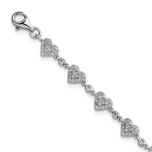 Sterling Silver Rhodium-plated Polished Pave CZ Hearts 7 Inch with 1 Inch Extension Bracelet 8 inches