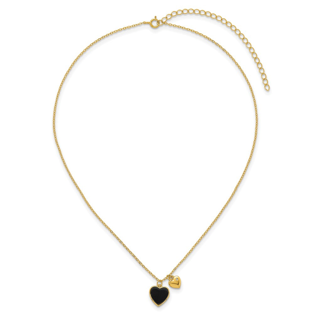 Sterling Silver Gold-tone Polished Onyx and CZ Hearts 14 Inch with 3 Inch Extension Children's Necklace 14 Inches