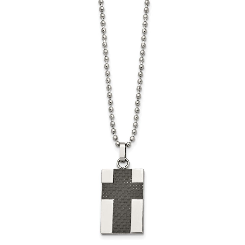 Stainless Steel Polished Carbon Fiber Inlay Cross 22in Necklace