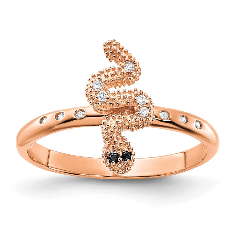 Sterling Silver Rose Gold-plated Black and White CZ Snake Size 7 Ring