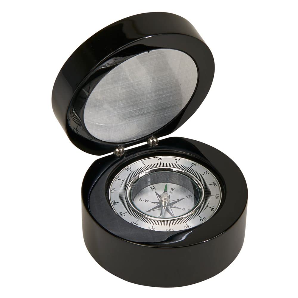 Black Round Wood Box with Compass & Engraving Plate