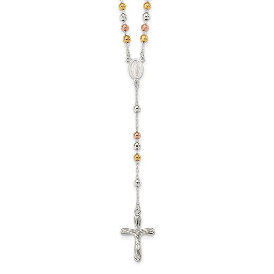 Sterling Silver Polished White Rose and Yellow Bead Rosary 18 inch Necklace 18 Inches