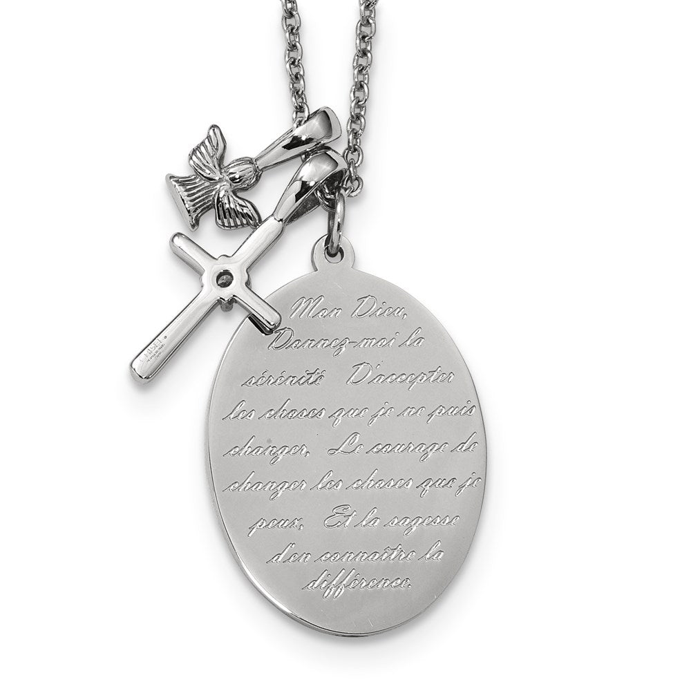 Stainless Steel Polished Serenity/French Prayer CZ Cross w/2in ext Necklace
