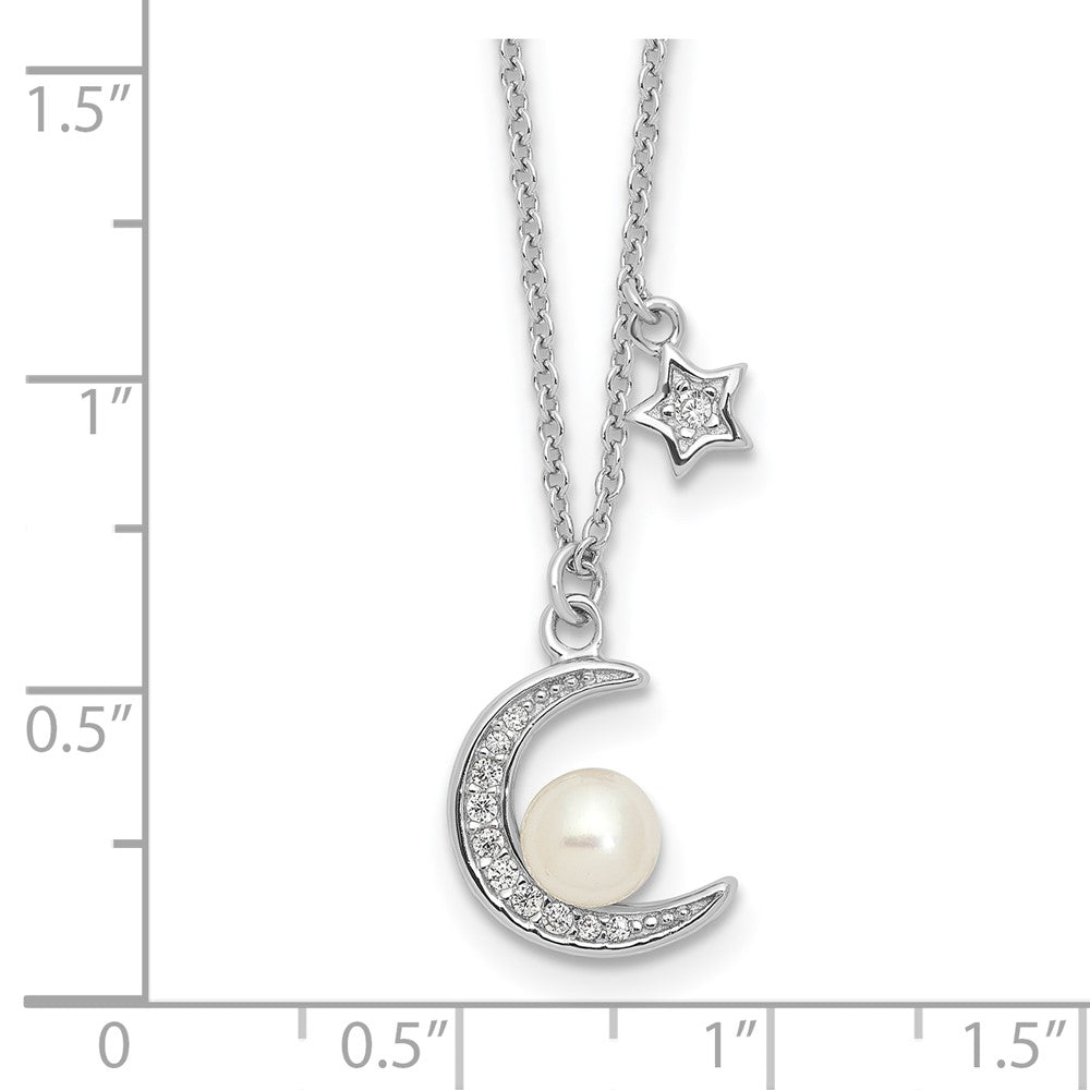 Sterling Silver Rhod-plated CZ and FWC Pearl Moon and Star 18in Necklace 18 Inches