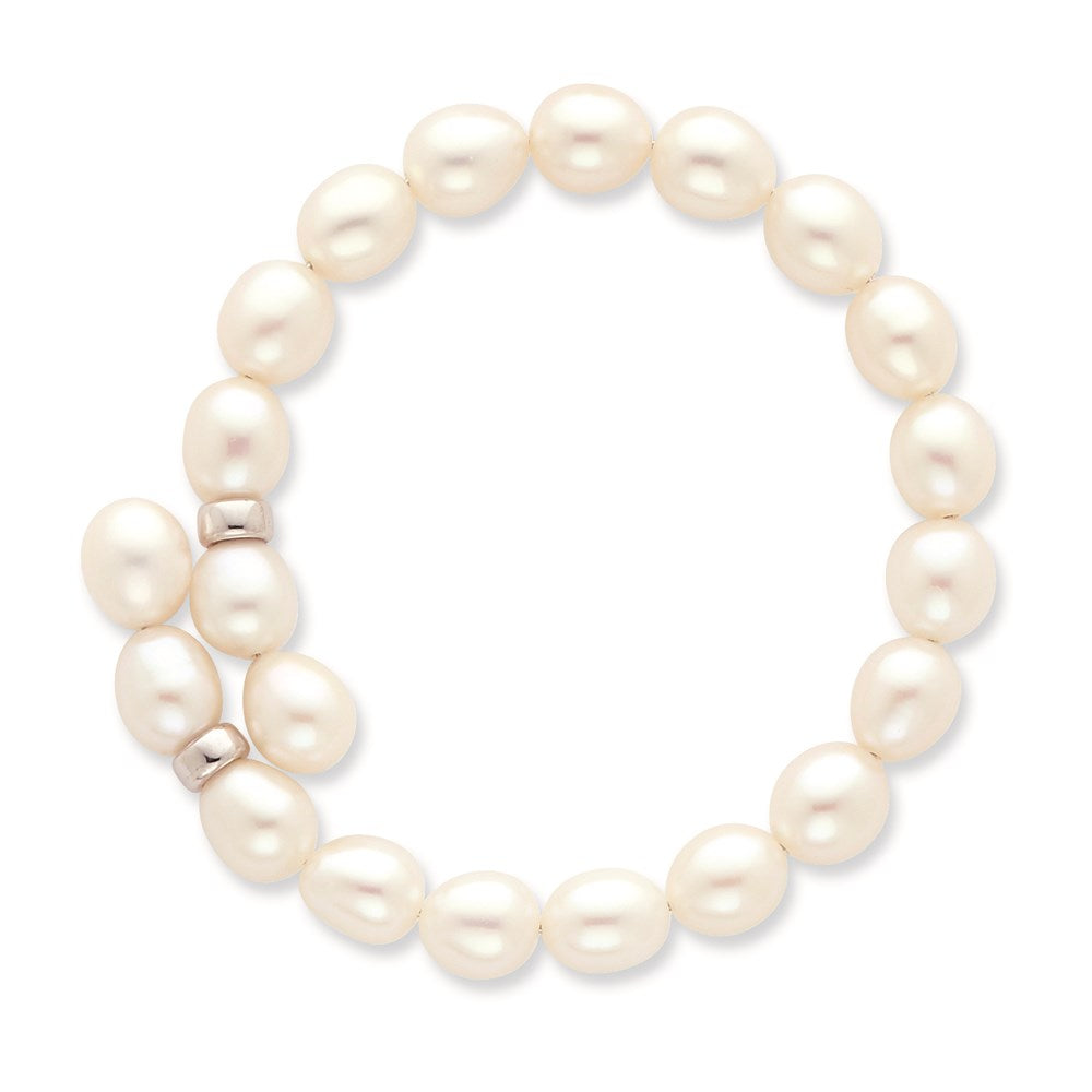 Sterling Silver Rhodium-plated 7-8mm White Rice Freshwater Cultured Pearl Flexible 7.5 inch Bracelet 7.5 inches