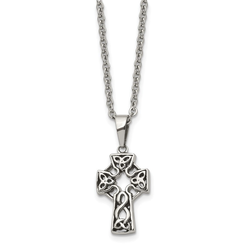 Stainless Steel Antiqued and Brushed Celtic Cross 18in Necklace