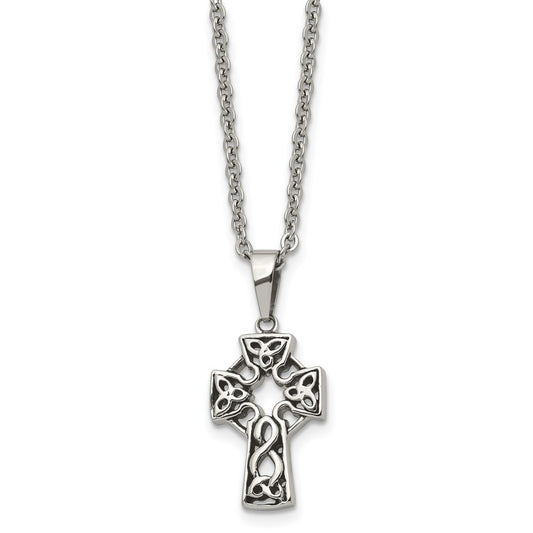Stainless Steel Antiqued and Brushed Celtic Cross 18in Necklace