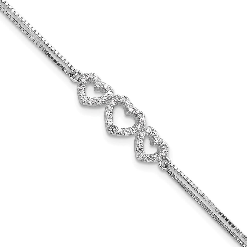 Sterling Silver Rhodium-plated Polished Three Linked CZ Open Hearts 7 inch Bracelet with 1 inch extension 7 inches
