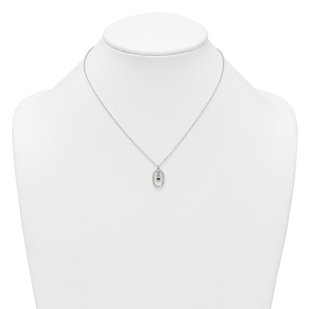 Sterling Silver Polished CZ Heart in Oval Necklace 16 Inches