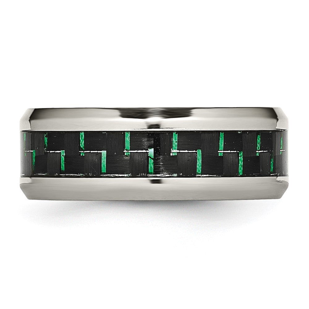 Stainless Steel Polished Black/Green Carbon Fiber Inlay 8mm Band Size - 9