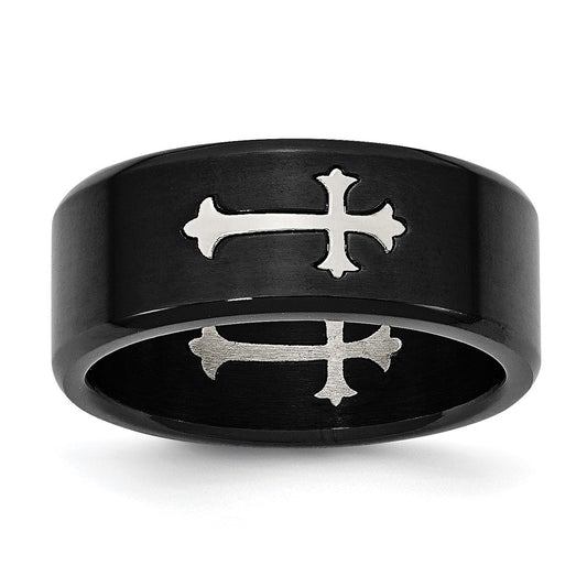 Stainless Steel Brushed Black IP-plated with Cross 9mm Band Size - 8