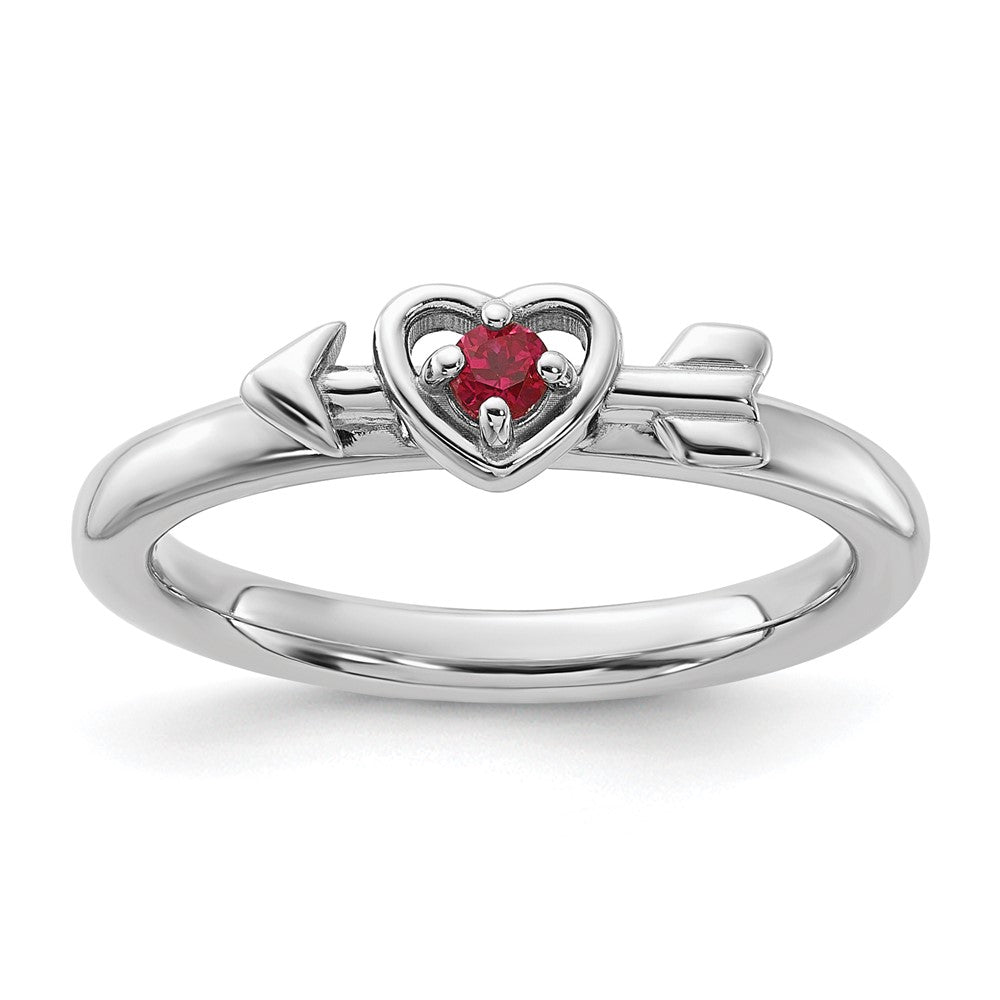 Sterling Silver Stackable Expressions Rhodium-plated Created Ruby Heart with Arrow Ring Size -9