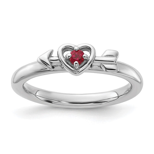 Sterling Silver Stackable Expressions Rhodium-plated Created Ruby Heart with Arrow Ring Size -9