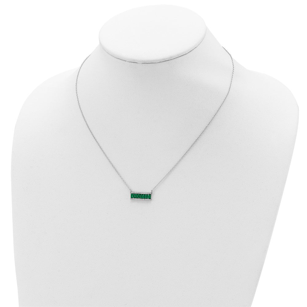 Cheryl M Sterling Silver Rhodium-plated Emerald-cut Green Nano Crystal and Brilliant-cut White CZ Bar 18 Inch Necklace 18 Inches