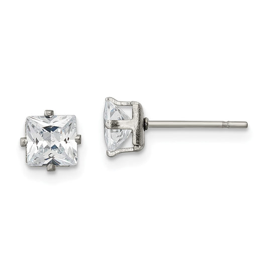 Stainless Steel Polished 5mm Square CZ Stud Post Earrings