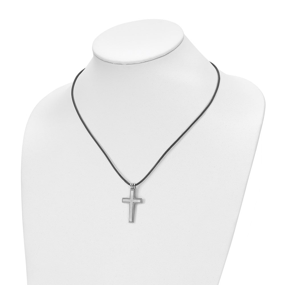 Stainless Steel Brushed & Polished Cross Leather Cord Necklace
