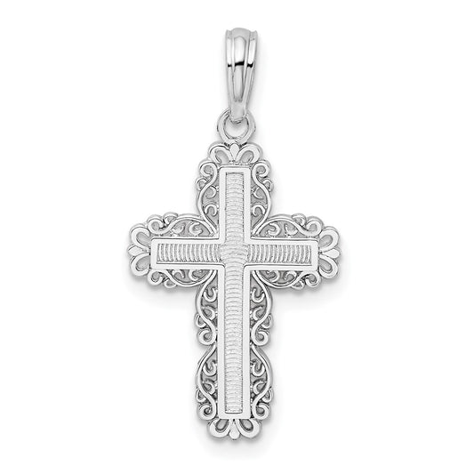 De-Ani Sterling Silver Rhodium-Plated Polished Lace Border Latin Cross Pendant