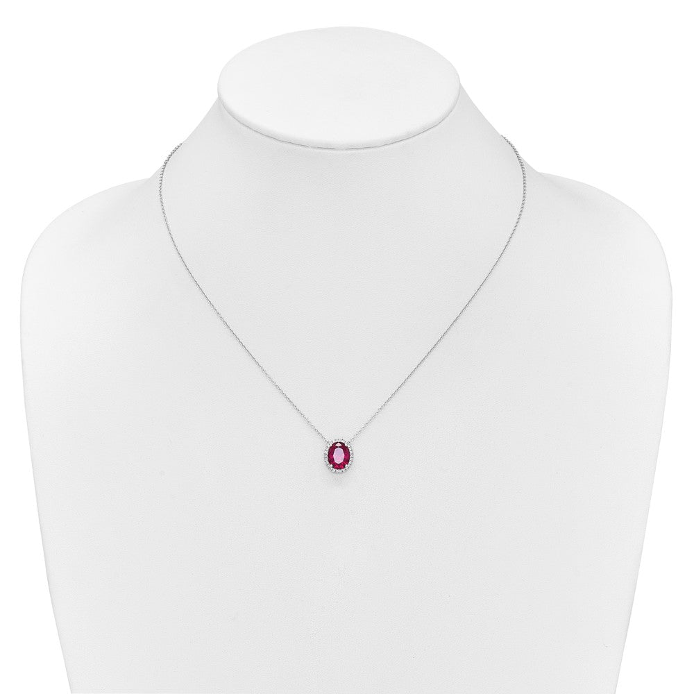 14k White Gold Oval Created Ruby/Diamond 18in. Halo Necklace