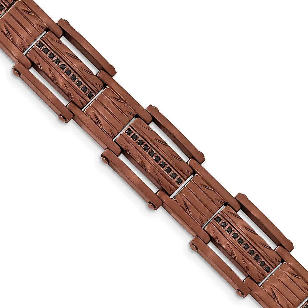 Stainless Steel Brushed and Textured Brown IP w/Black CZ 8.25in Bracelet 8.25 inches