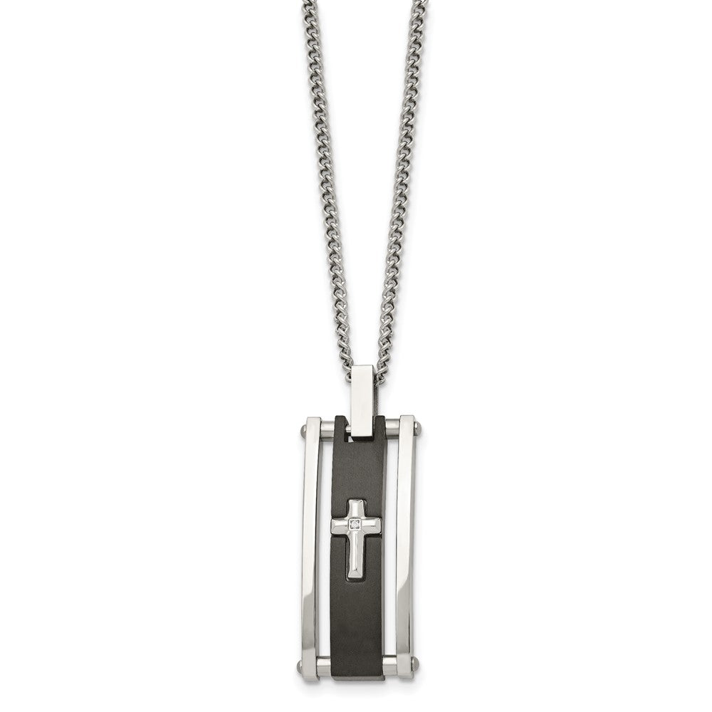 Stainless Steel Polished Black IP-plated w/CZ Cross 22in Necklace