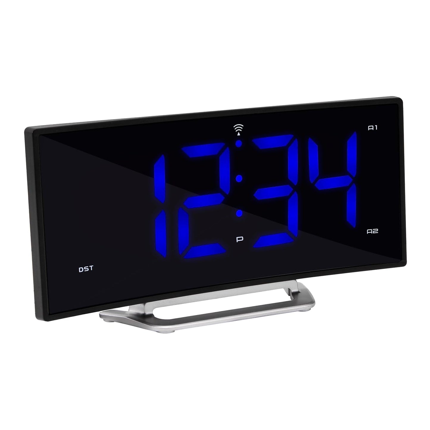 La Crosse Technology 1.8 inch Corded Electric Curved Blue LED Atomic Dual Alarm Clock, 617-249