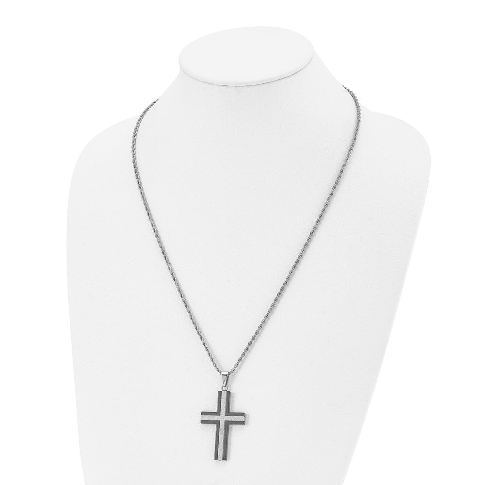 Stainless Steel Polished Black IP-plated Laser Cut Cross 24in Necklace
