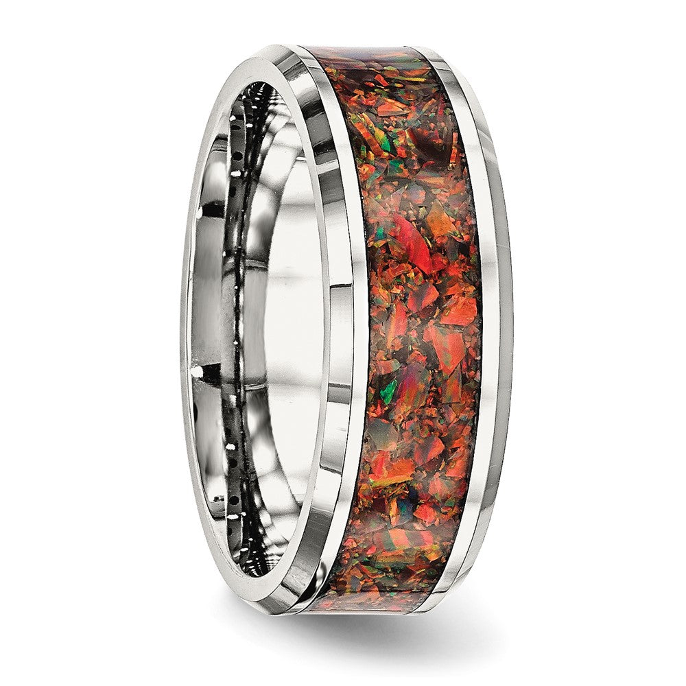 Stainless Steel Polished with Red Imitation Opal Inlay 8mm Band Size - 13