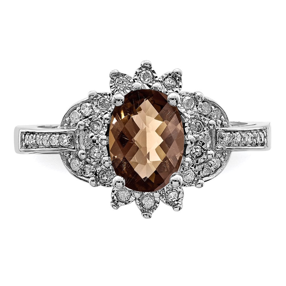 Sterling Silver Rhodium Diam. & Oval Checker-Cut Smoky Quartz Ring