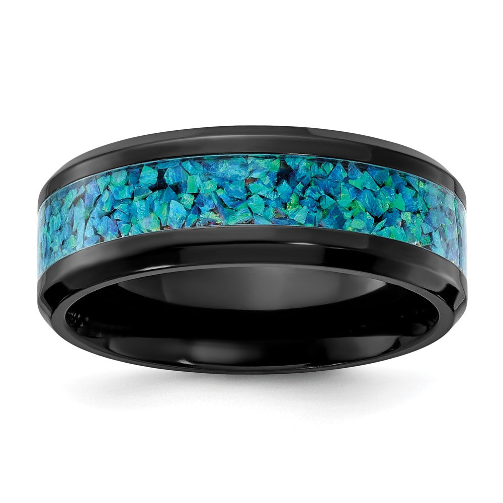Black Zirconium Polished with Blue Imtitation Opal Inlay 8.00mm Band Size - 10.5
