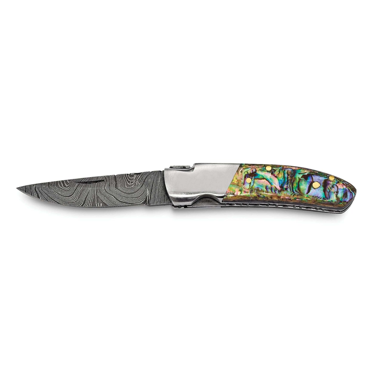 Luxury Giftware Damascus Steel 256 Layer Folding Blade Abalone Handle Knife with Leather Sheath and Wooden Gift Box QKN72722