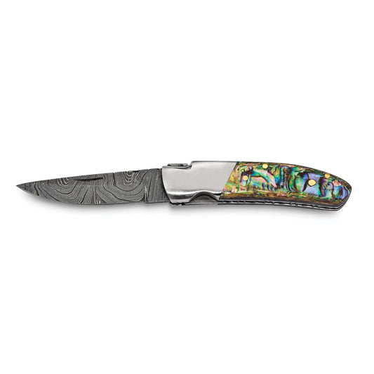 Luxury Giftware Damascus Steel 256 Layer Folding Blade Abalone Handle Knife with Leather Sheath and Wooden Gift Box QKN72722
