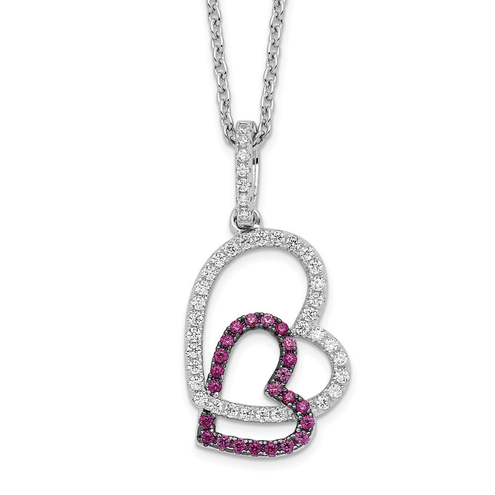 Brilliant Embers Sterling Silver Rhodium-plated 62 Stone 18 inch Micro Pav‚ Red and White CZ Heart Necklace with 2 Inch Extender 18 Inches