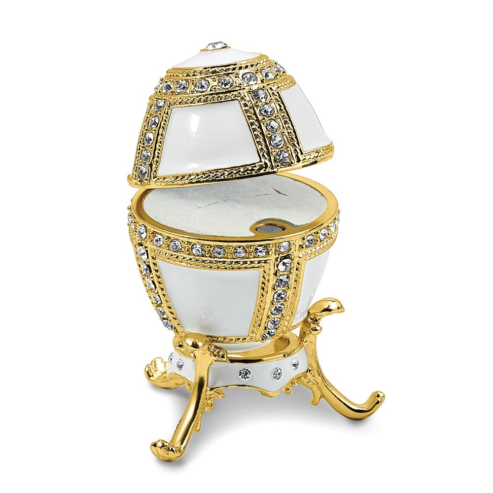 Luxury Giftware by Jere Bejeweled ALABASTER White Egg Trinket Box with Ring Insert and Matching 18 inch Necklace