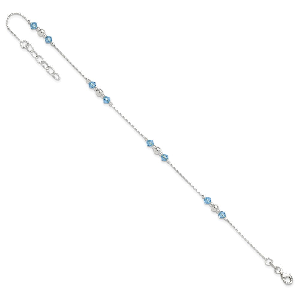 Sterling Silver Polished Bead and CZ 9in Plus 1in. Ext. Anklet 9 inches