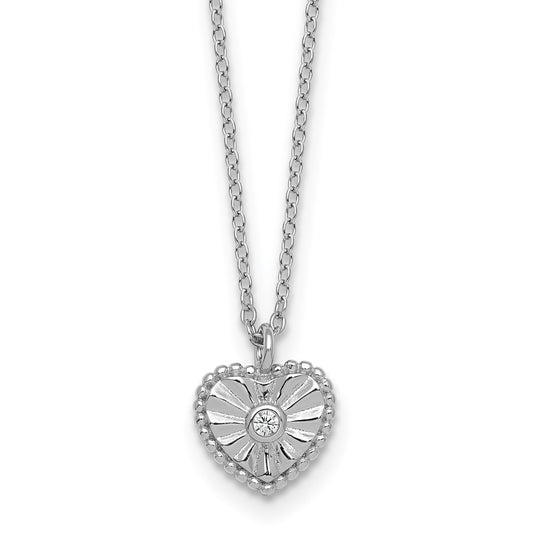 Sterling Silver Rhodium-plated Polished Beaded and Textured CZ Heart 16 Inch with 2 Inch Extension Necklace 16 Inches