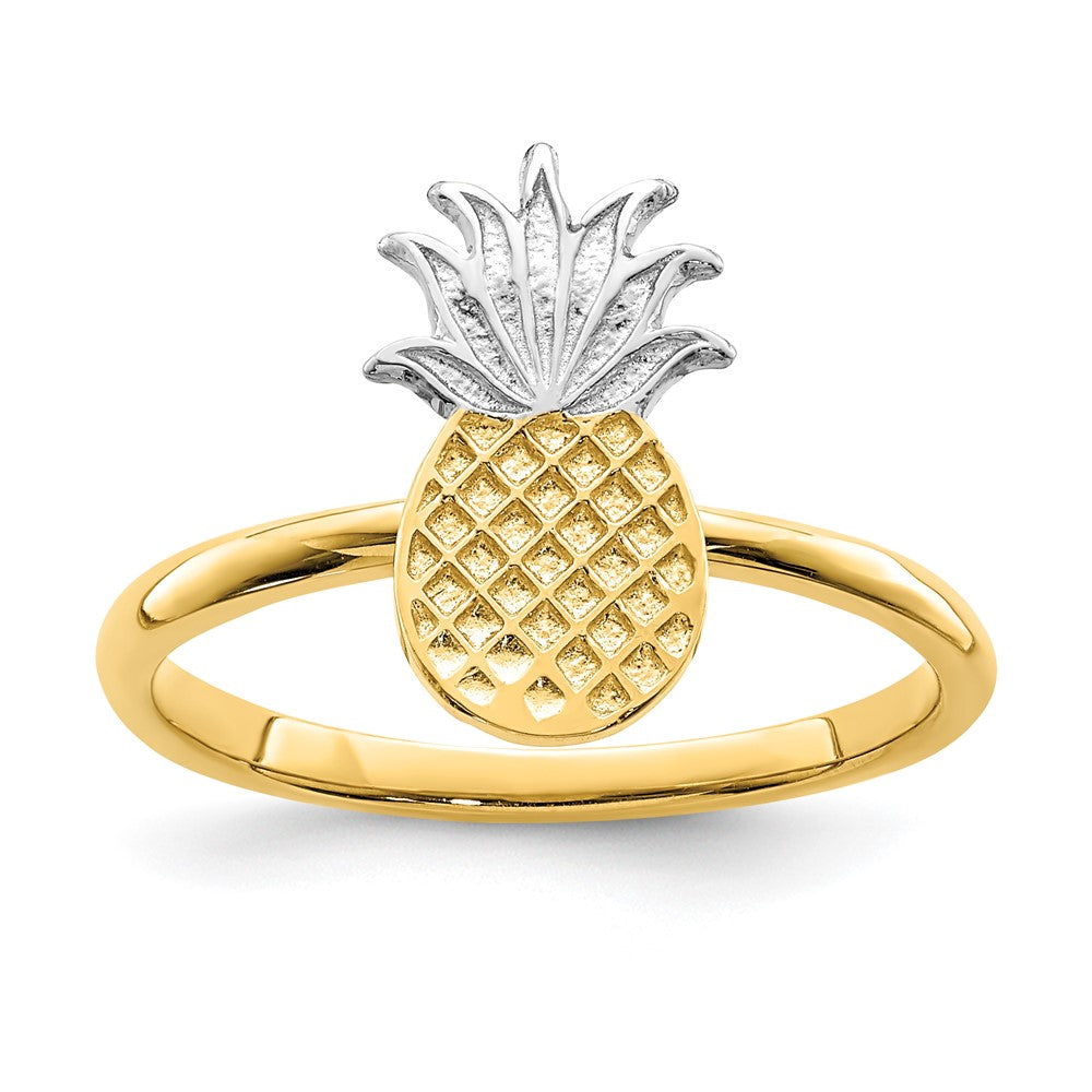 14K and White Rhodium Polished Pineapple Ring size 7