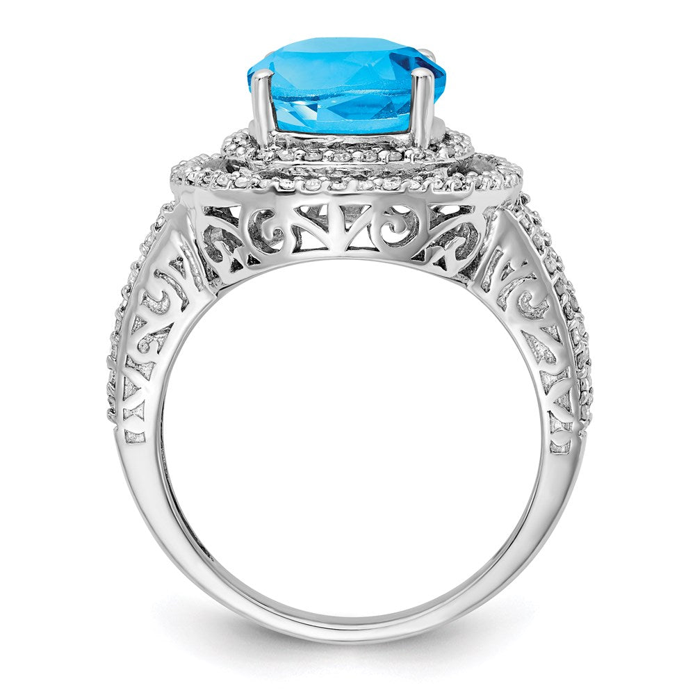 Sterling Silver Rhodium Oval Blue Topaz & Diam. Ring