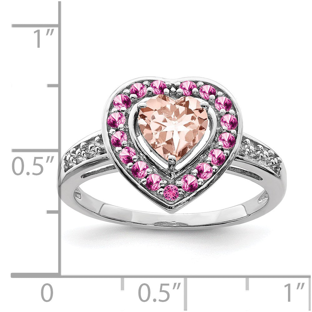 Sterling Silver Rhodium Morganite/Pink Sapphire/WT Heart Ring