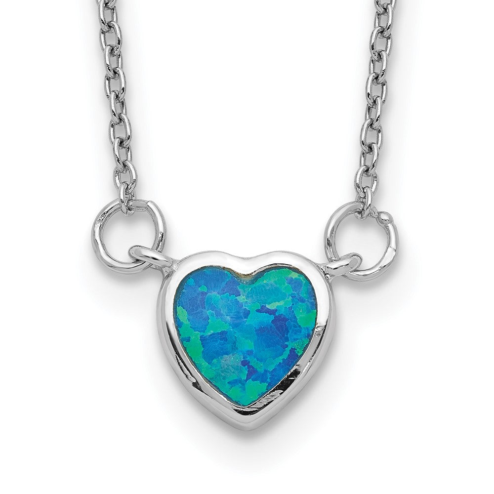 Sterling Silver Rhodium-plated Created Opal Heart w/ 4in ext. Choker 12 Inches