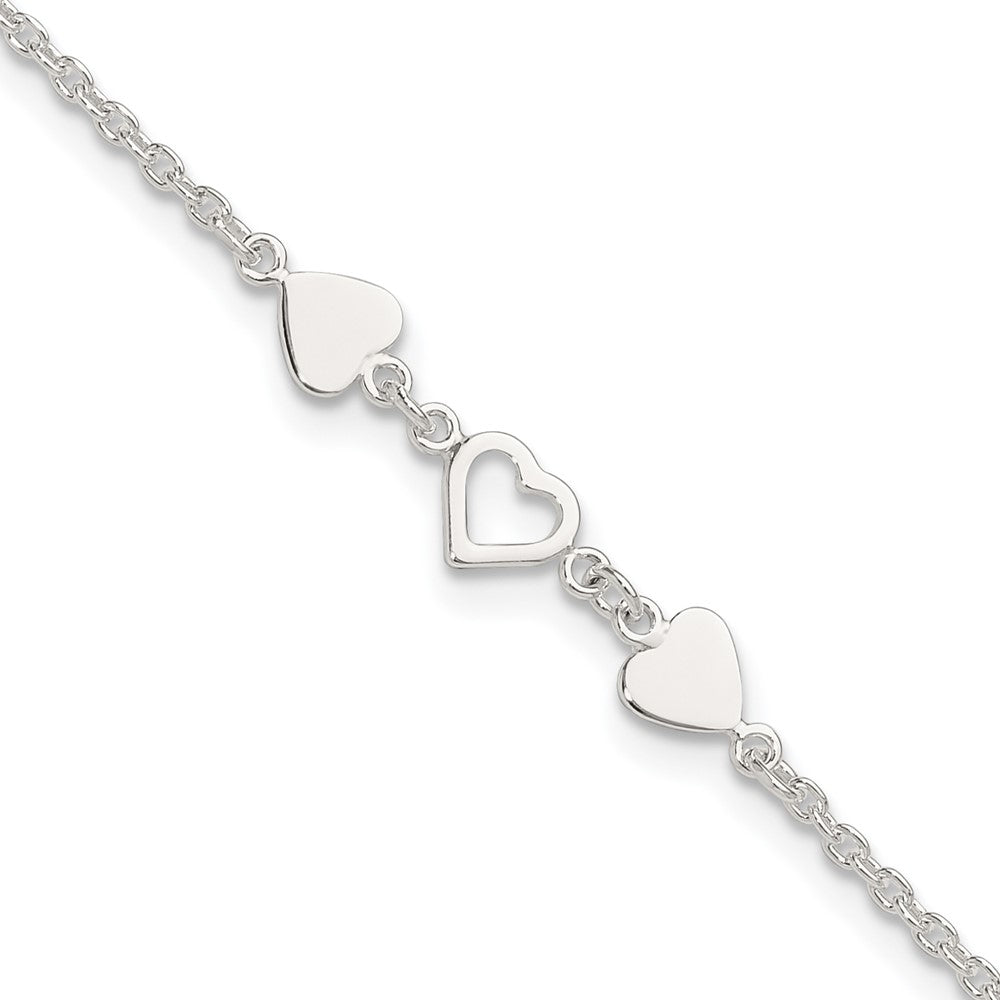 Sterling Silver 9 inch Plus 1in ext.Heart Link Anklet