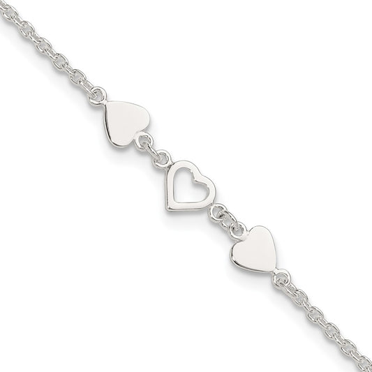 Sterling Silver 9 inch Plus 1in ext.Heart Link Anklet