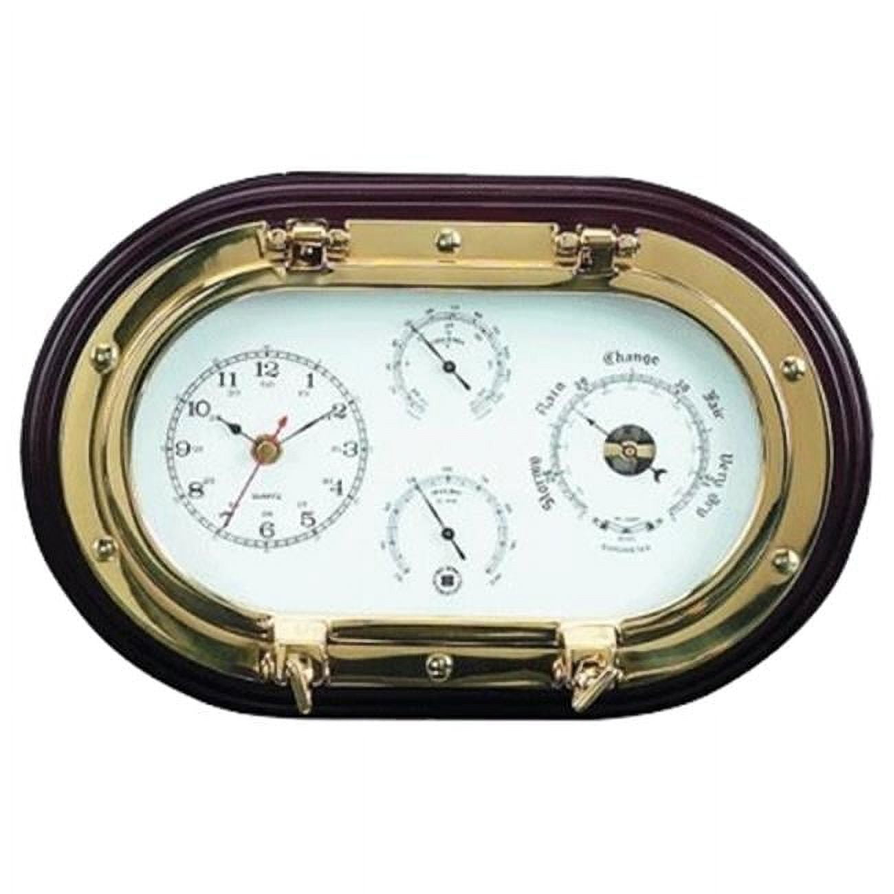 Solid Brass and Wood Weather Station with Clock French Barometer Thermometer and Hygrometer QGP9954